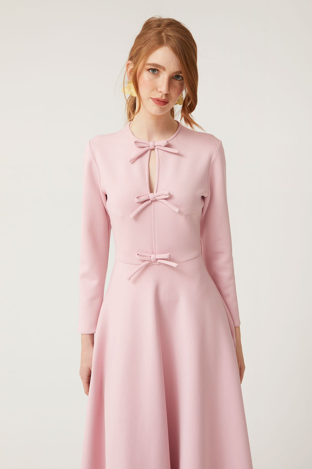 long-sleeve midi dress with bow accents – VERENA