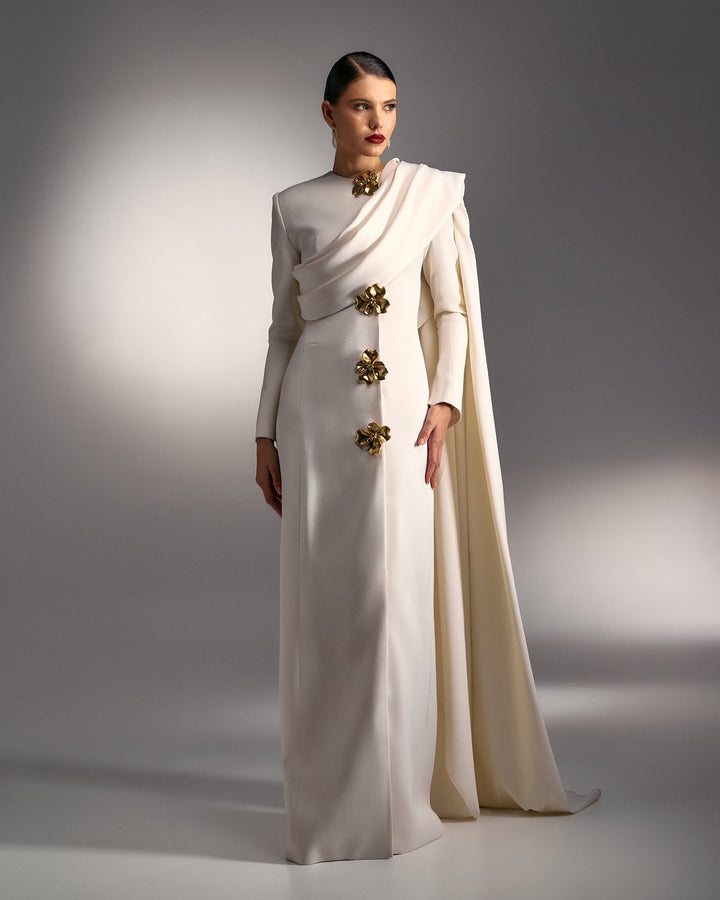 Draped crepe gown with gold floral embellishments – CELESTE