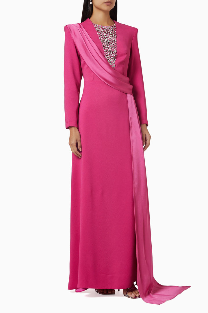 long-sleeve gown with embellished illusion neckline & draped sash – RHEA