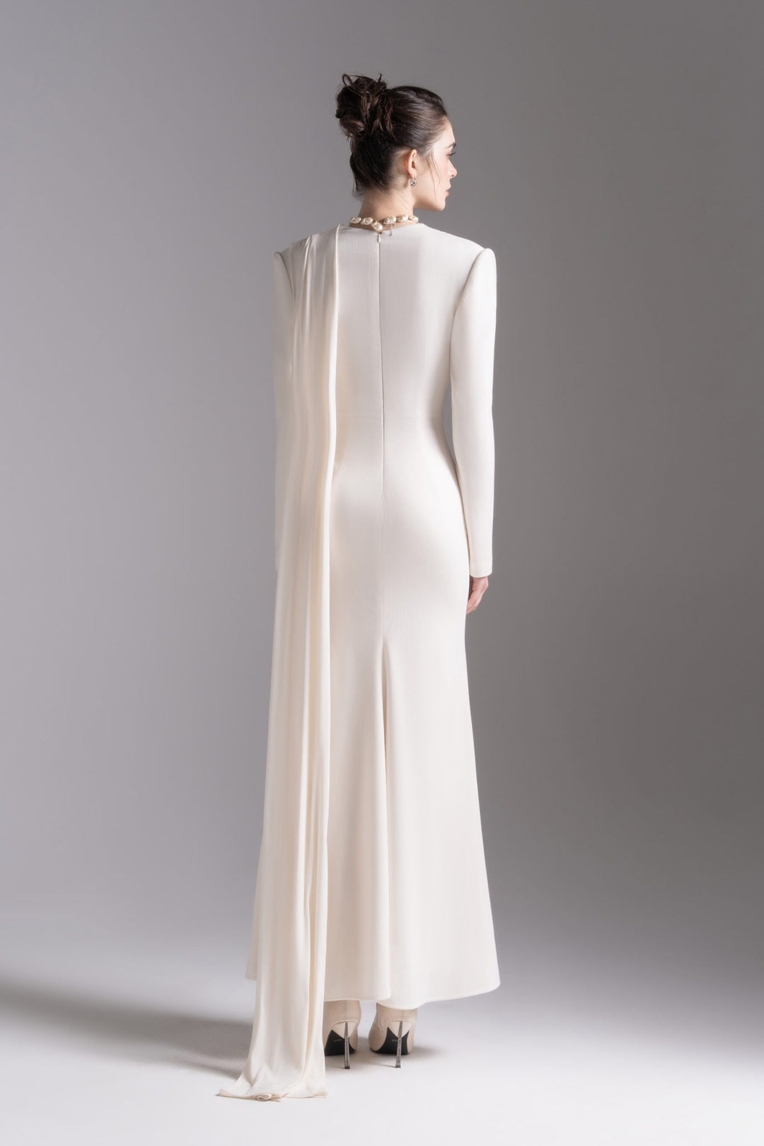Draped V-neck long-sleeve gown – LAVENYA