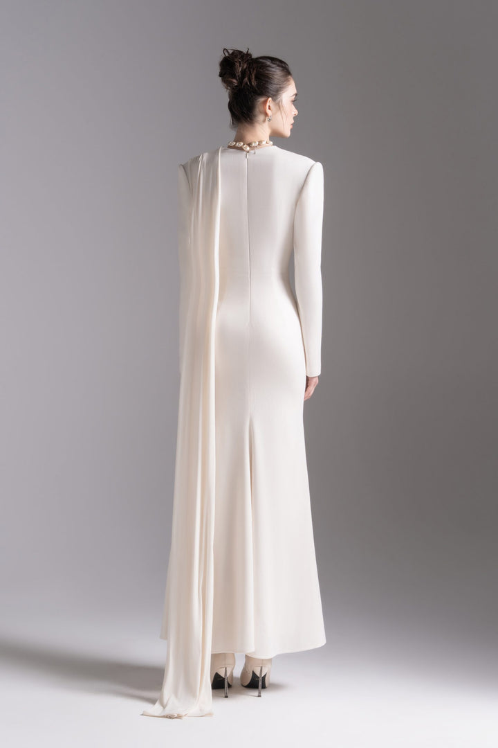 Draped V-neck long-sleeve gown – LAVENYA
