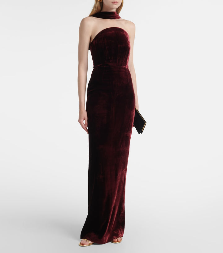 Strapless velvet gown with choker neckline – BORDEAUX