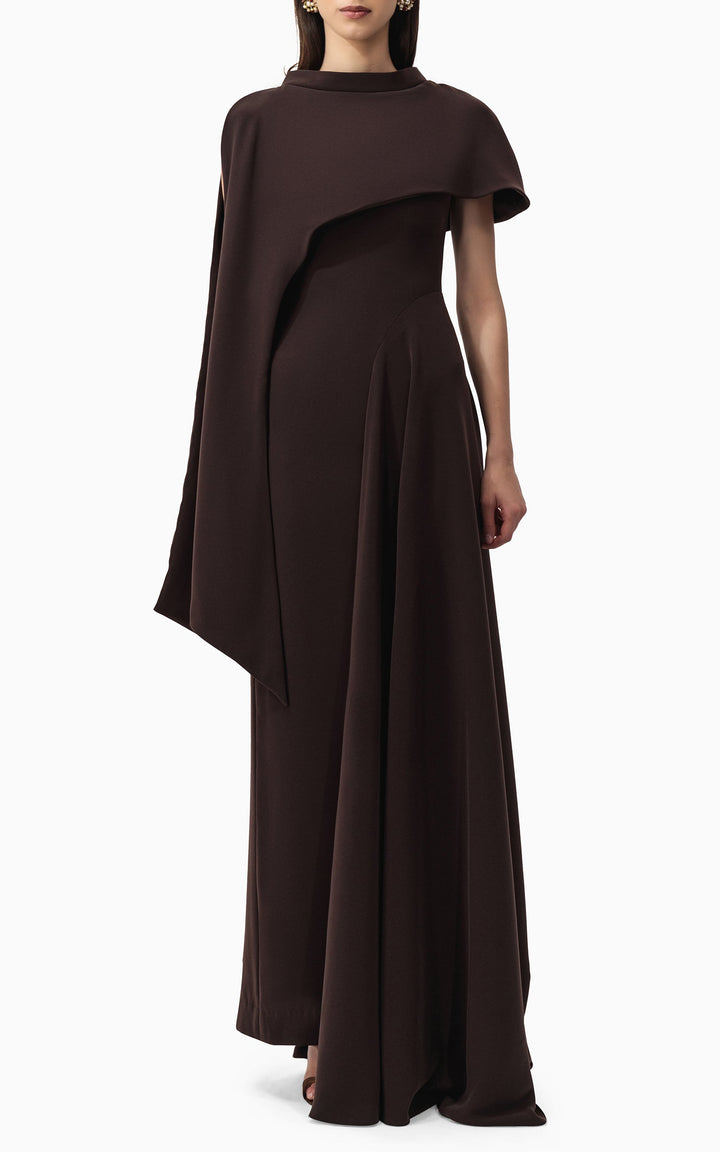 asymmetric draped gown with sculpted shoulder cape – NOIR