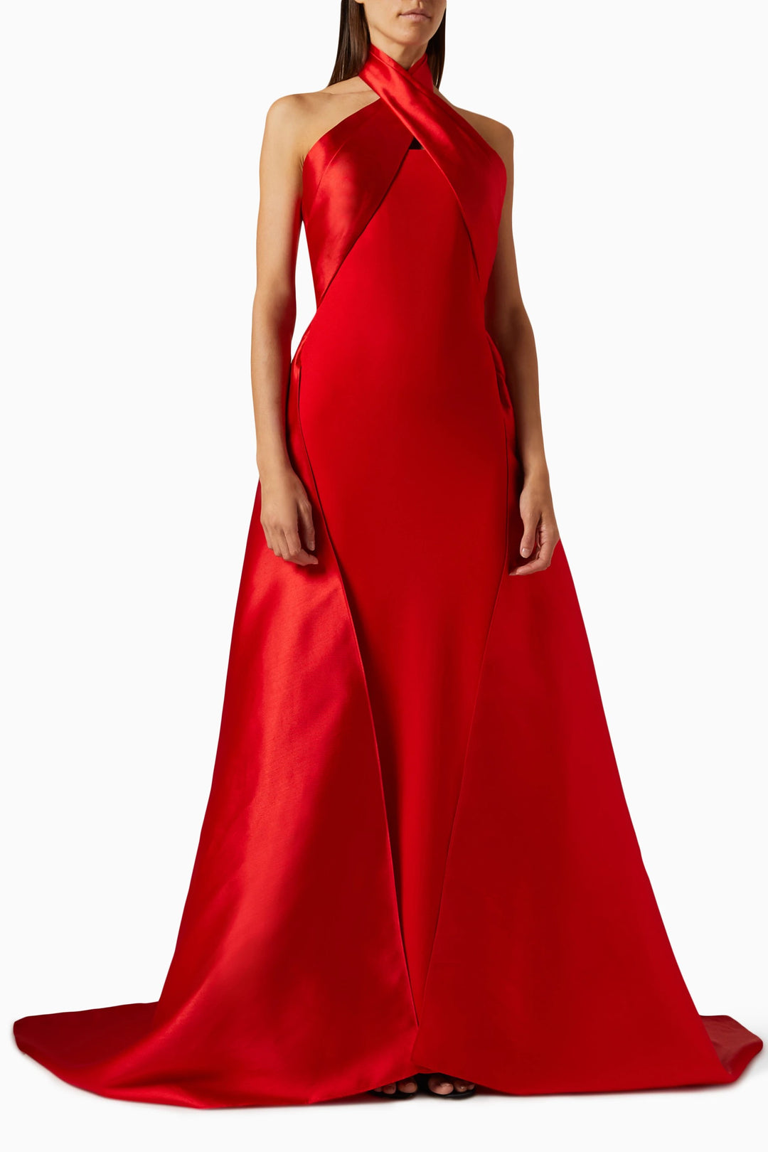 halter-neck satin gown with draped overlay – SCARLET