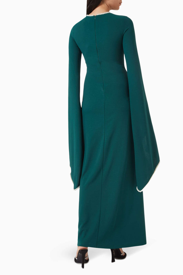 long-sleeve gown with pearl-trimmed flared cuffs – OPHELIA
