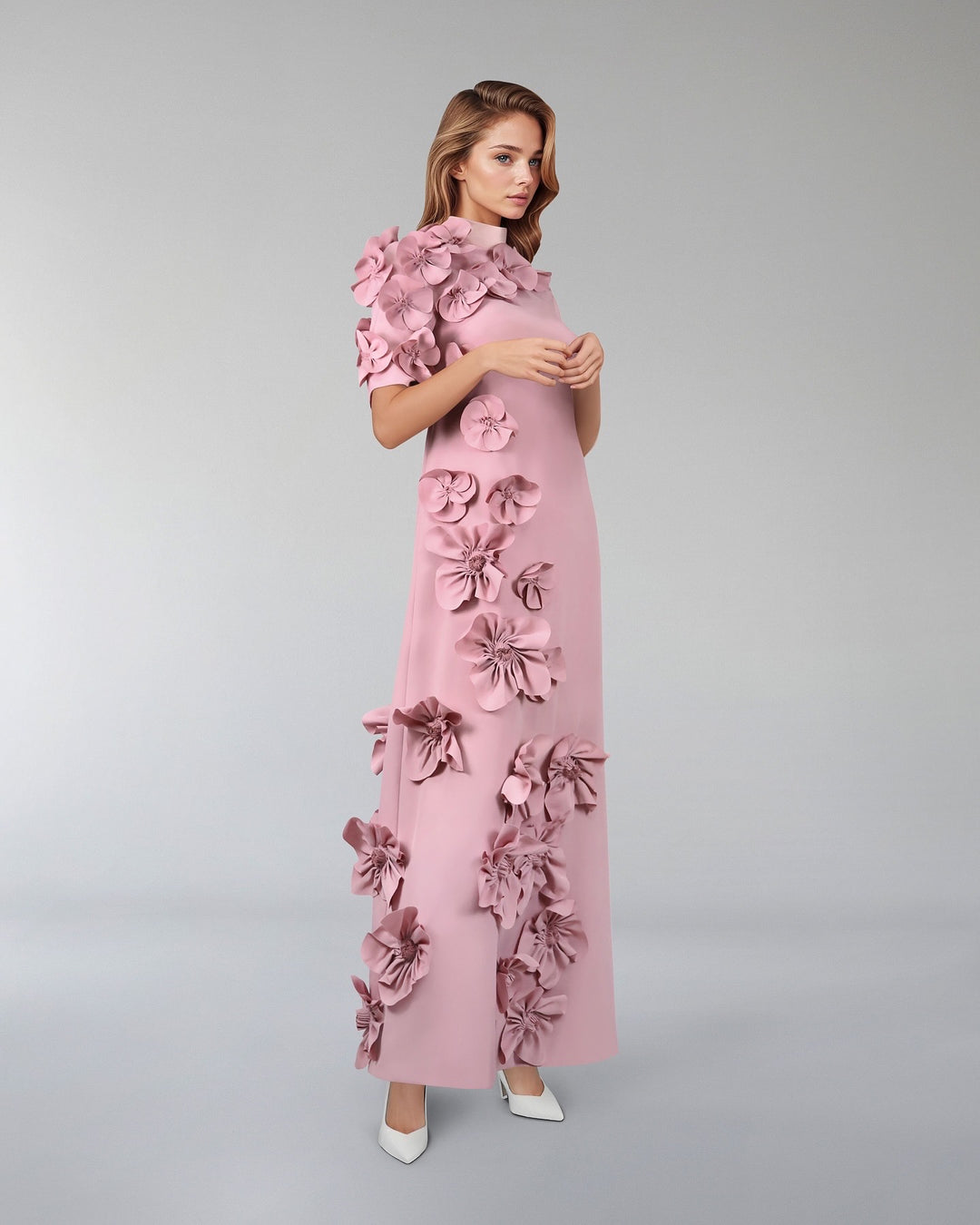 Flowered column dress with satin strips - ZOISH