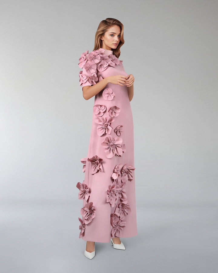 Flowered column dress with satin strips - ZOISH