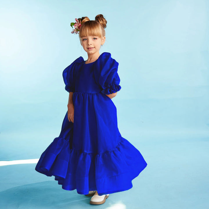 Long Black Tiered Organza Dress with Puff Sleeves – NOIR