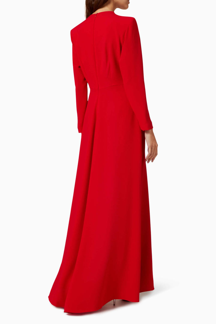 long-sleeve gown with embellished illusion neckline & draped sash – RHEA