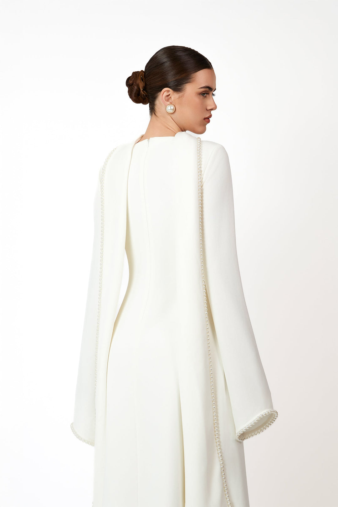 long-sleeve gown with draped pearl-trimmed cape – IVORY GRACE