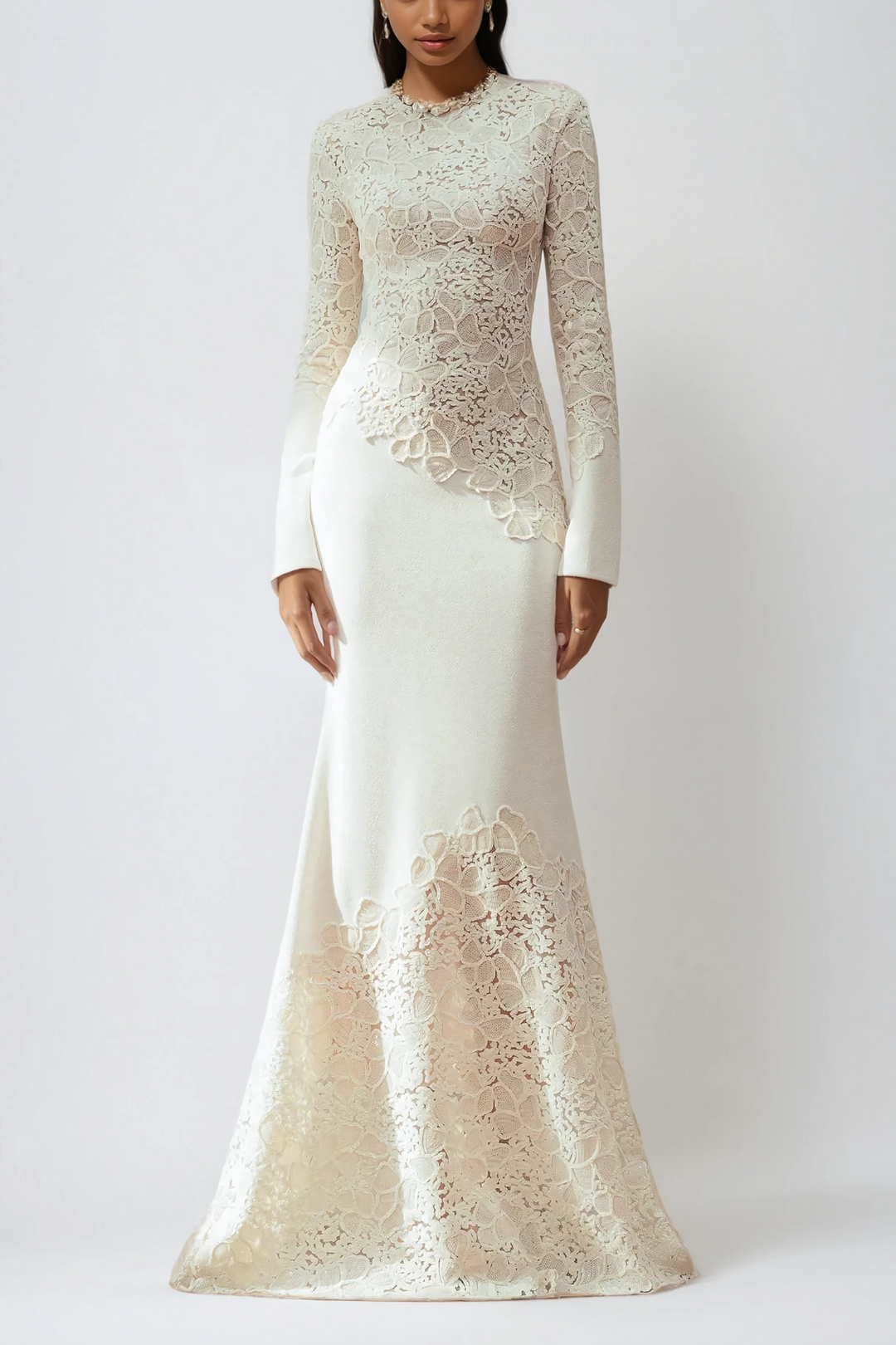Long-sleeve lace-panel mermaid gown – AMARIS