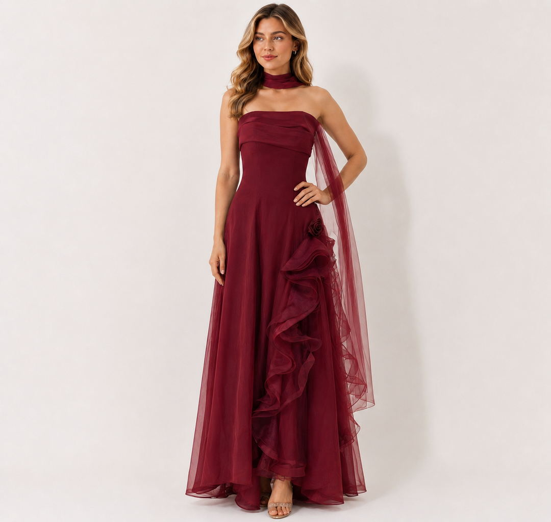 Ruffle Accent Strapless Evening Dress — Bordeaux