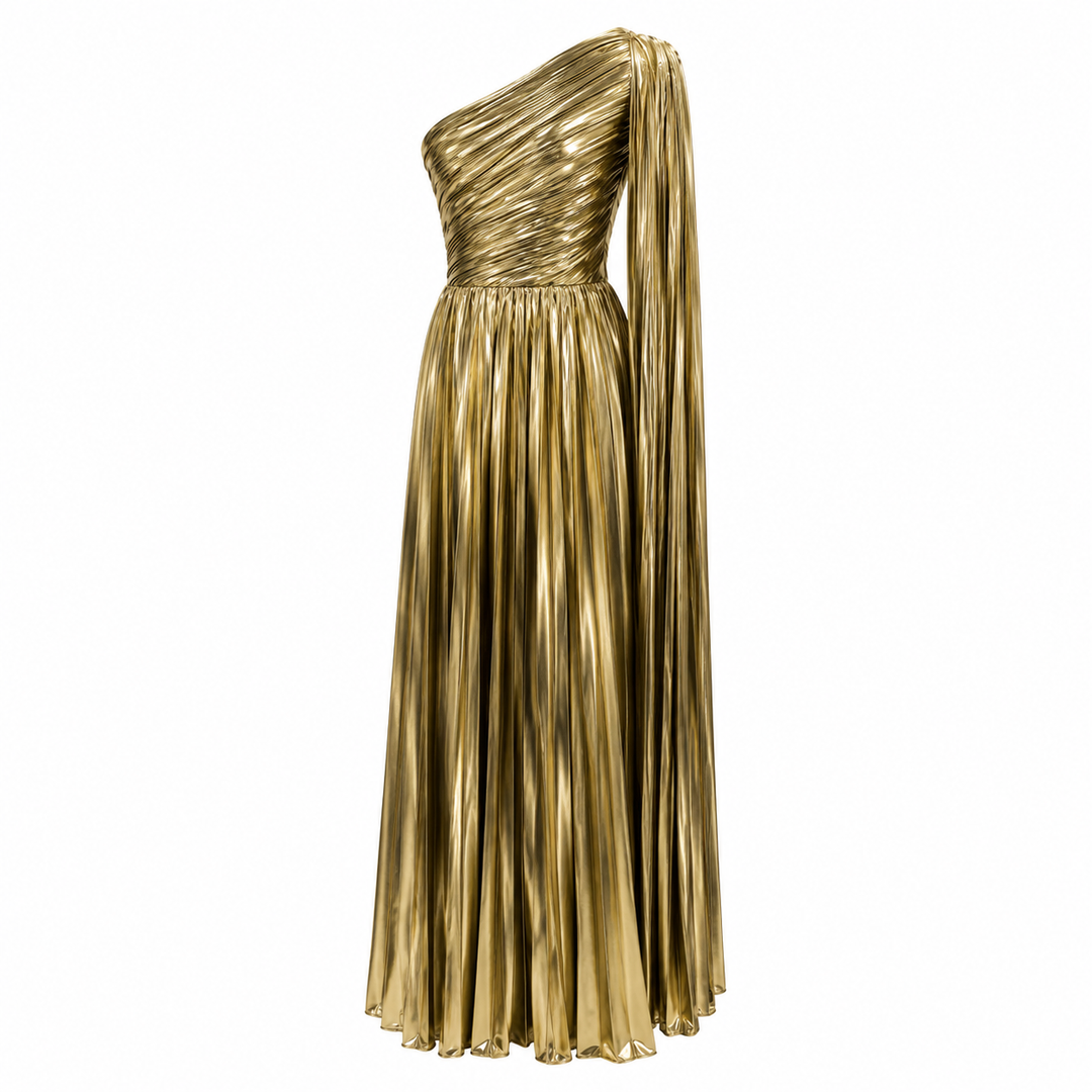 One-Shoulder Metallic Pleated Evening Gown - Radiance