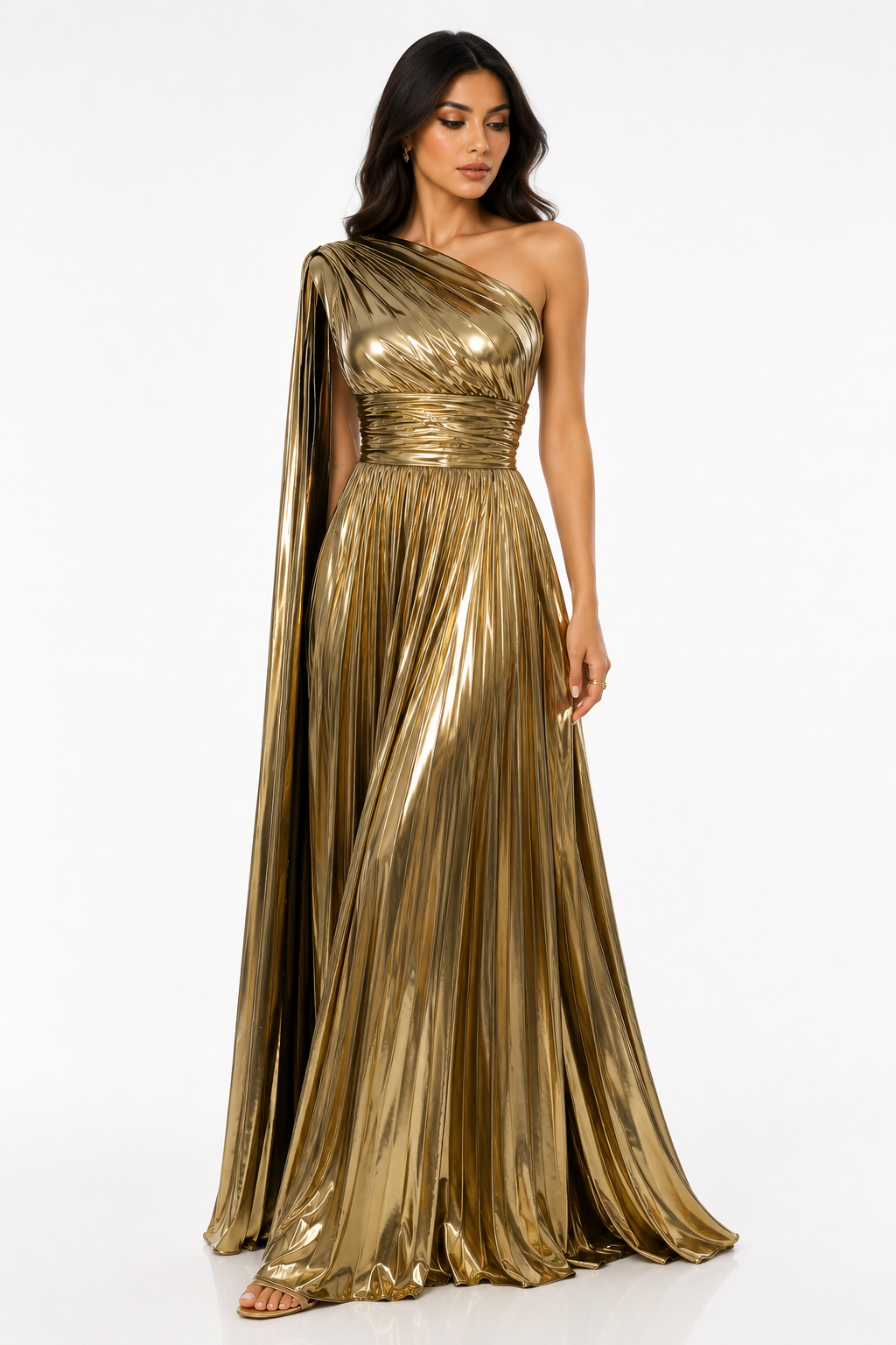 One-Shoulder Metallic Pleated Evening Gown - Radiance