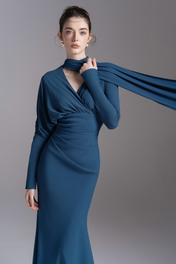 Draped V-neck gown with scarf detail – AURELIA