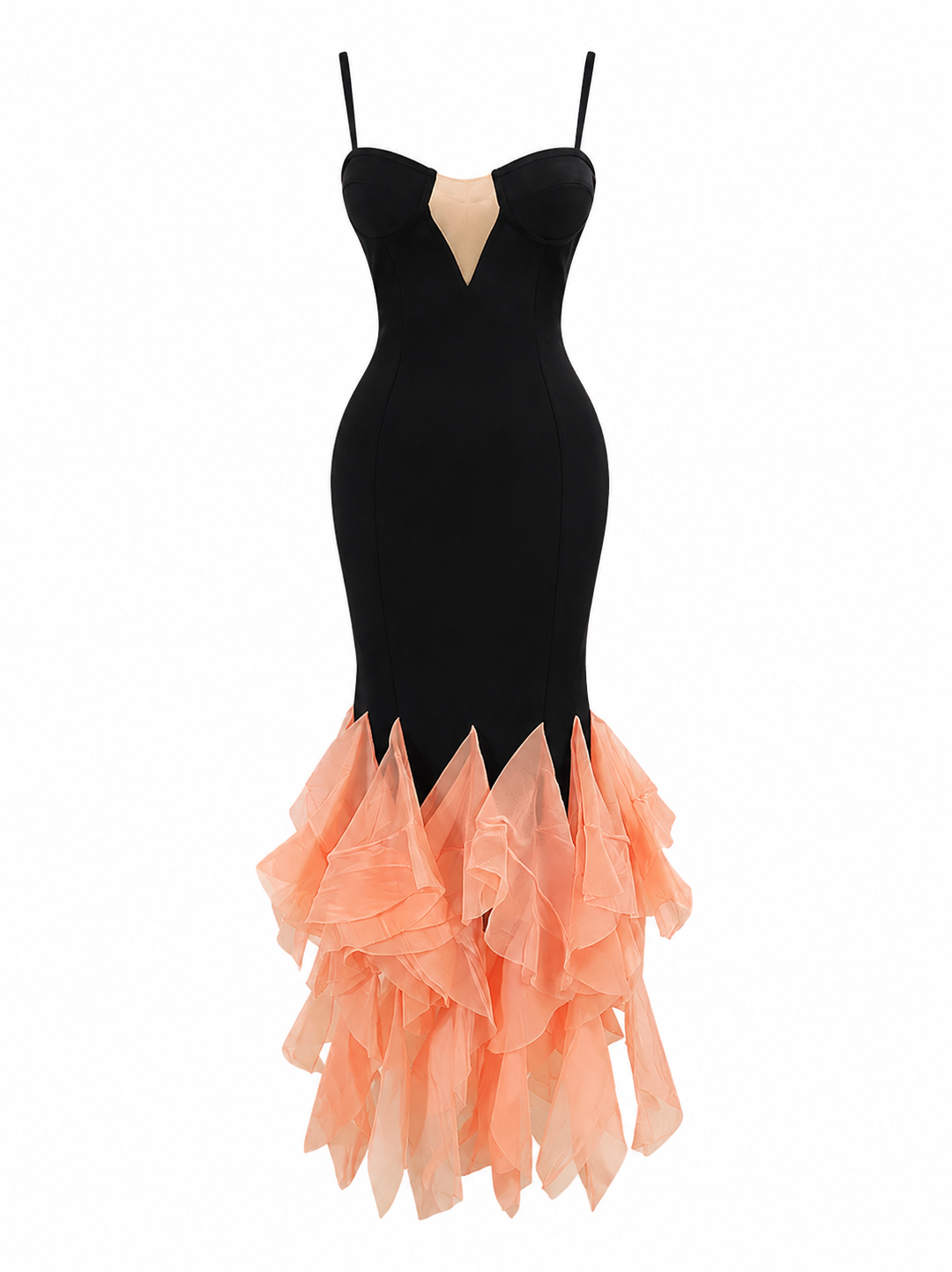Contrast Ruffle Mermaid Evening Gown — Obsidian