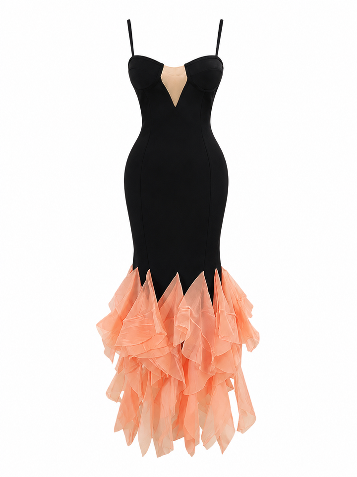 Contrast Ruffle Mermaid Evening Gown — Obsidian