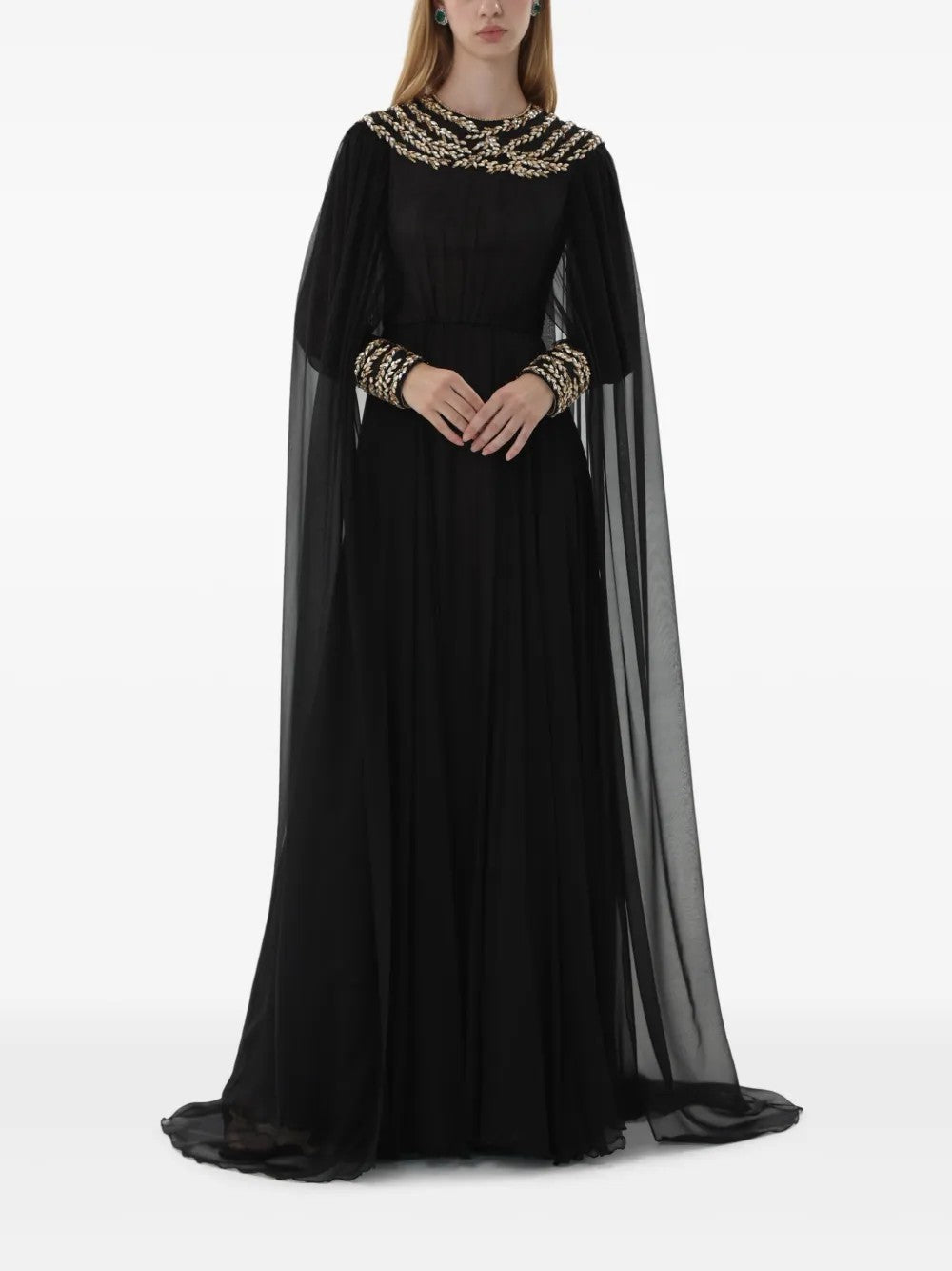 sheer cape gown with embellished neckline – NOIRS
