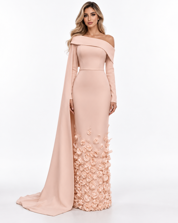 Floral Appliqué One-Shoulder Cape Evening Gown - Blossom