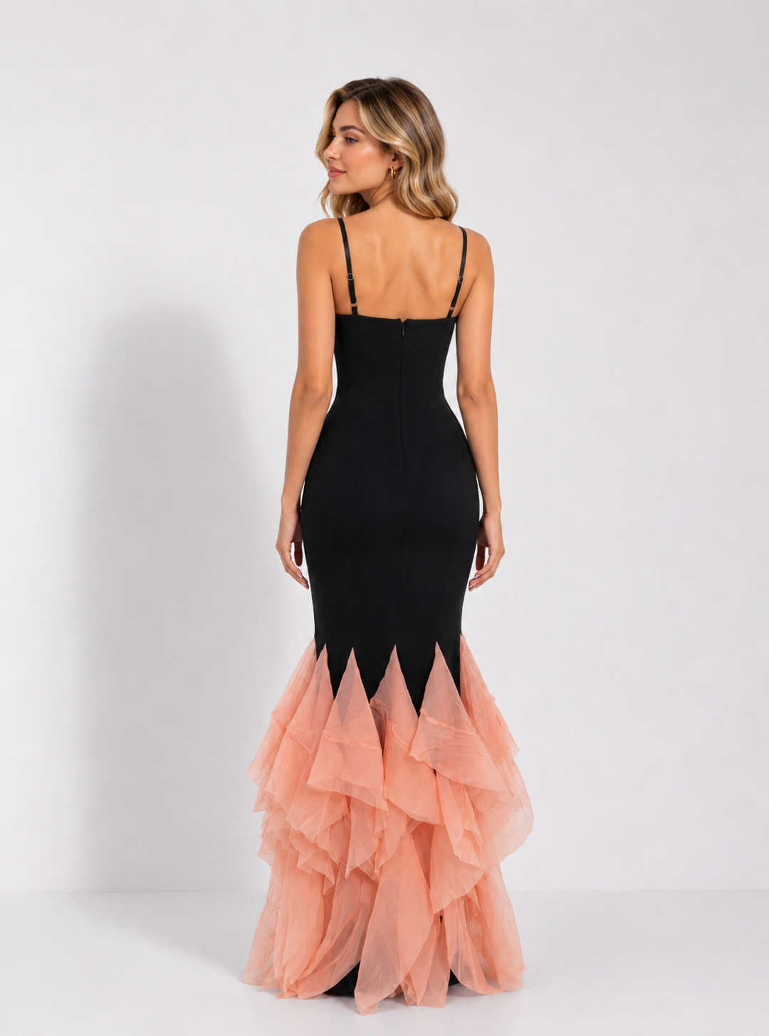 Contrast Ruffle Mermaid Evening Gown — Obsidian