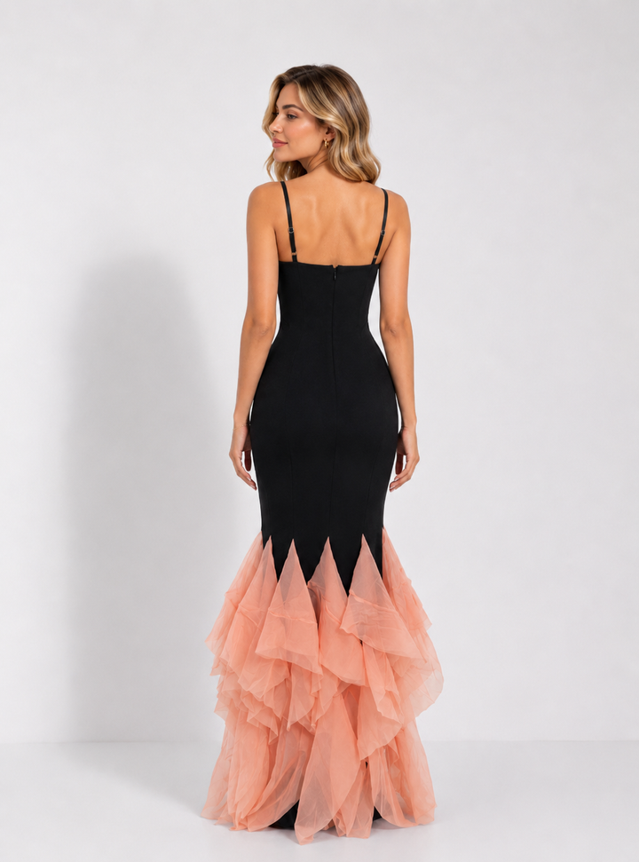 Contrast Ruffle Mermaid Evening Gown — Obsidian