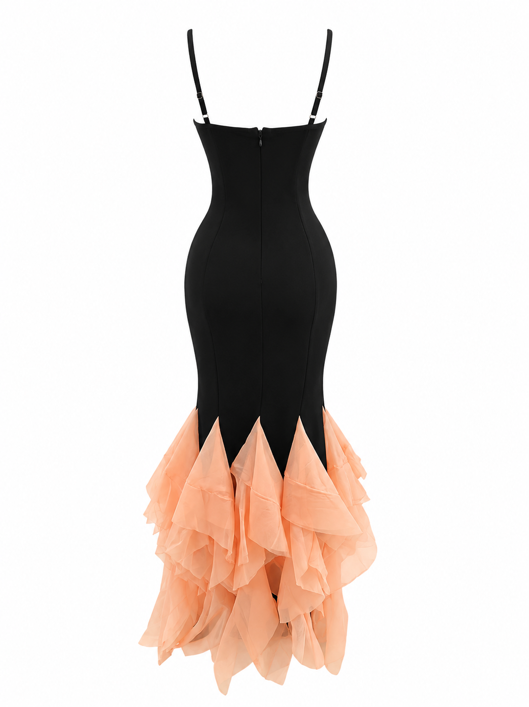 Contrast Ruffle Mermaid Evening Gown — Obsidian