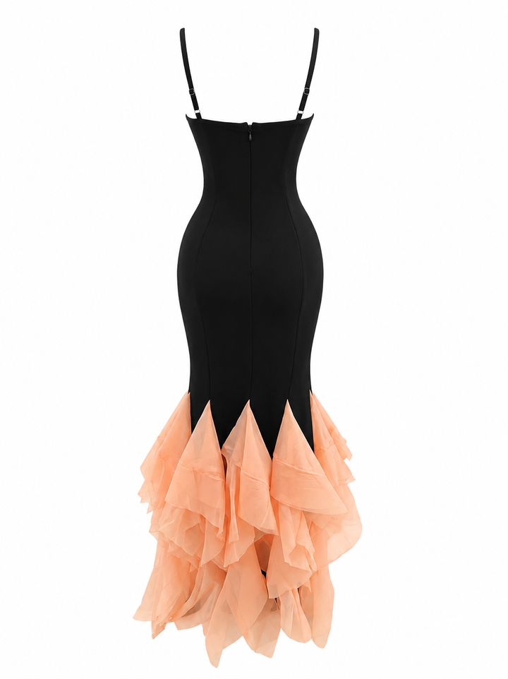 Contrast Ruffle Mermaid Evening Gown — Obsidian