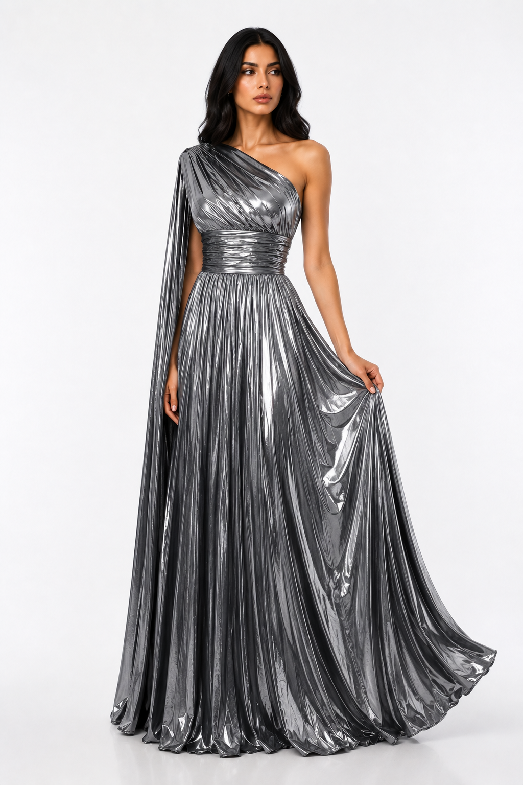 One-Shoulder Metallic Pleated Evening Gown - Radiance