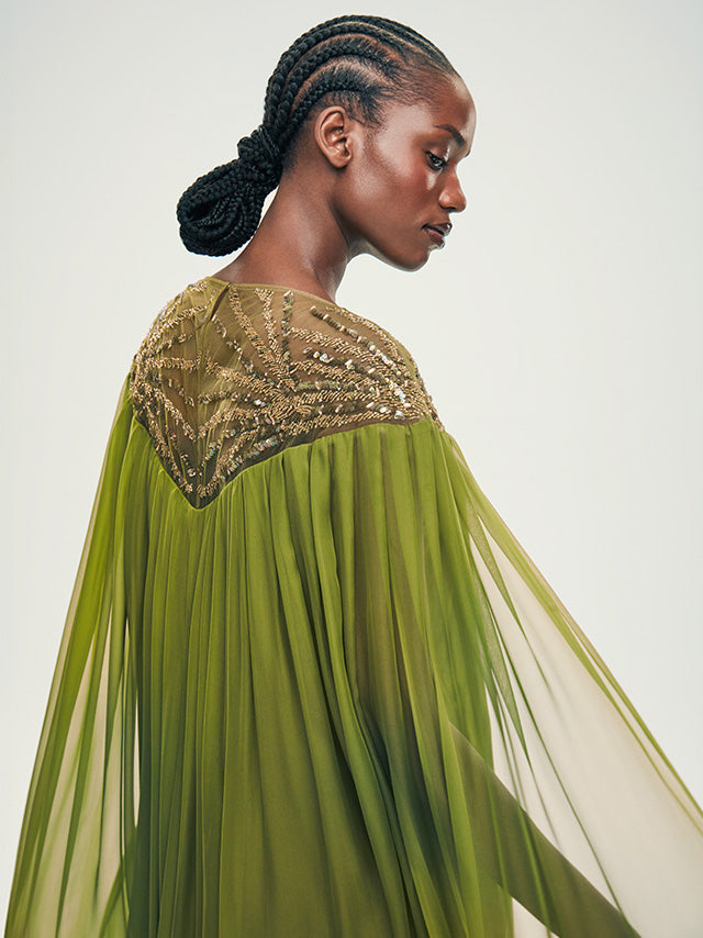 chiffon cape gown with embellished neckline – LUMINA