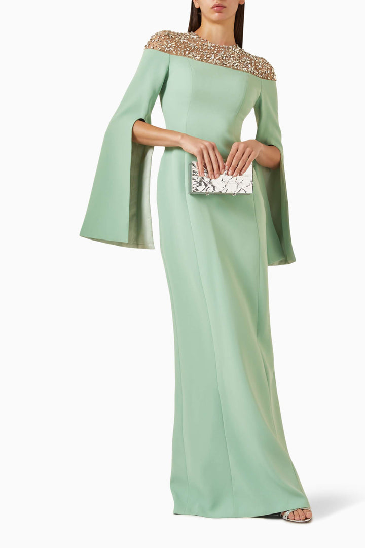 embellished cape-sleeve column gown – MINTA