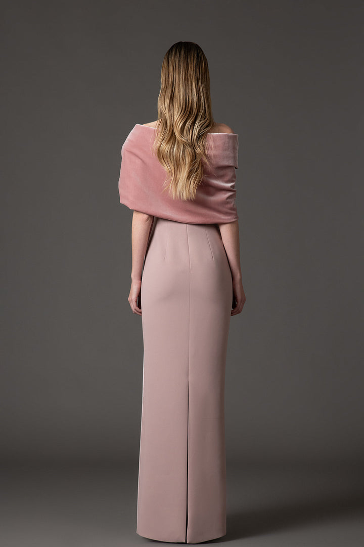 off-shoulder column gown with embellished velvet drape – ELYSIA