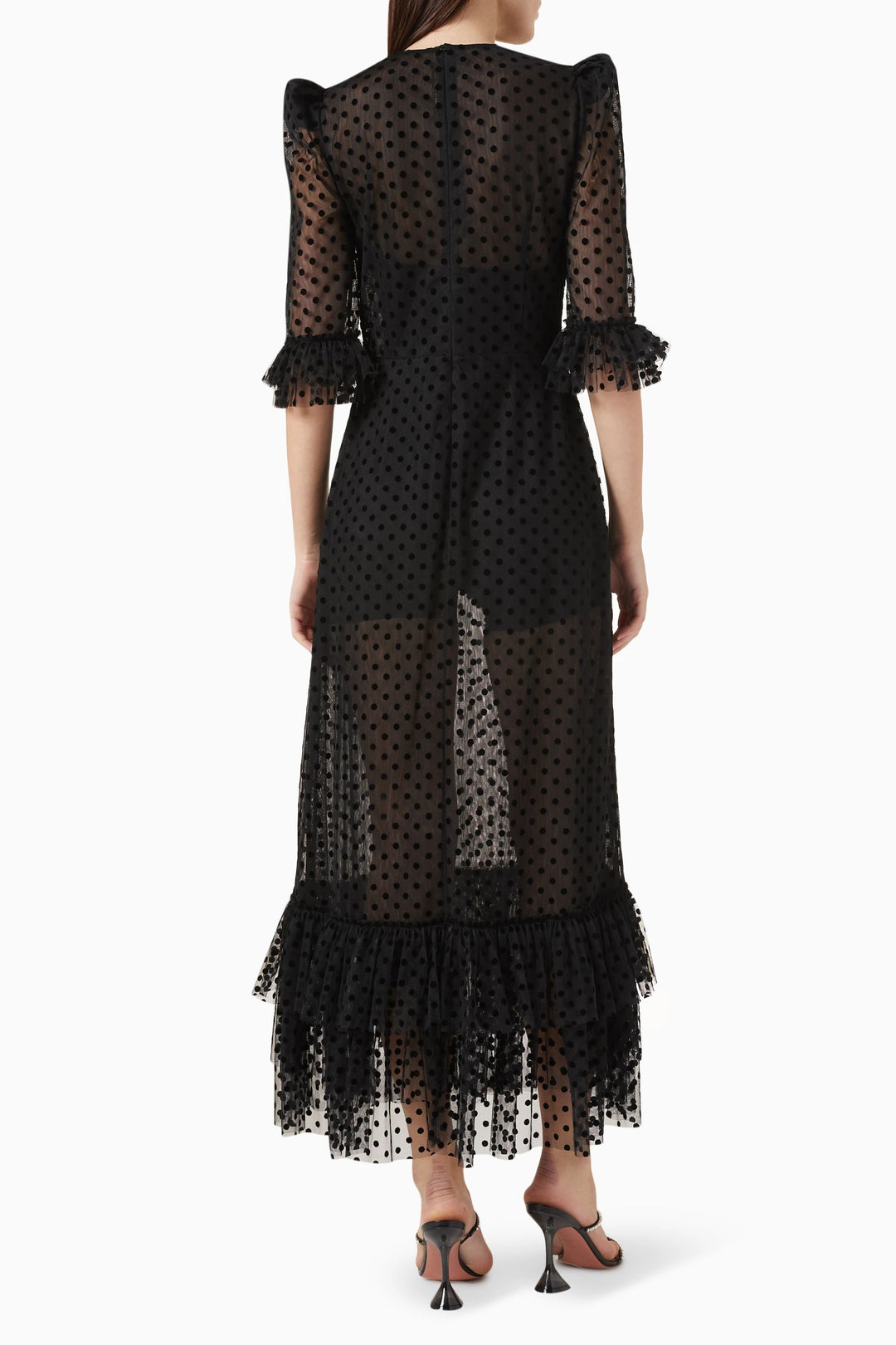 sheer polka-dot midi dress with ruffled hem – VIVIENNE