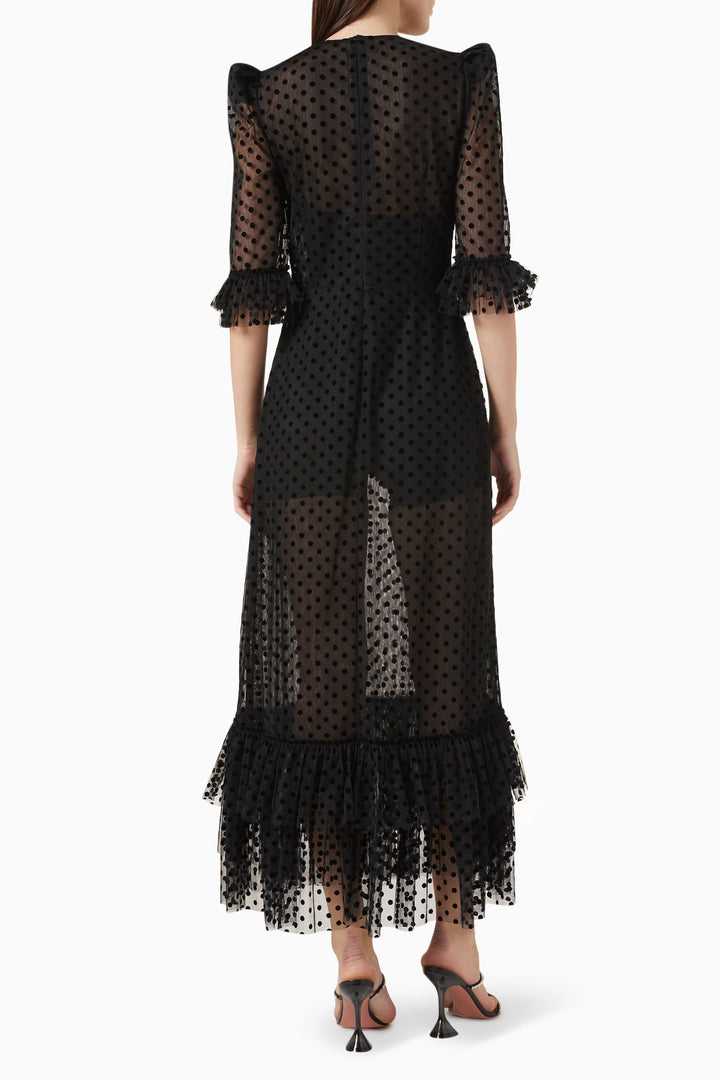 sheer polka-dot midi dress with ruffled hem – VIVIENNE