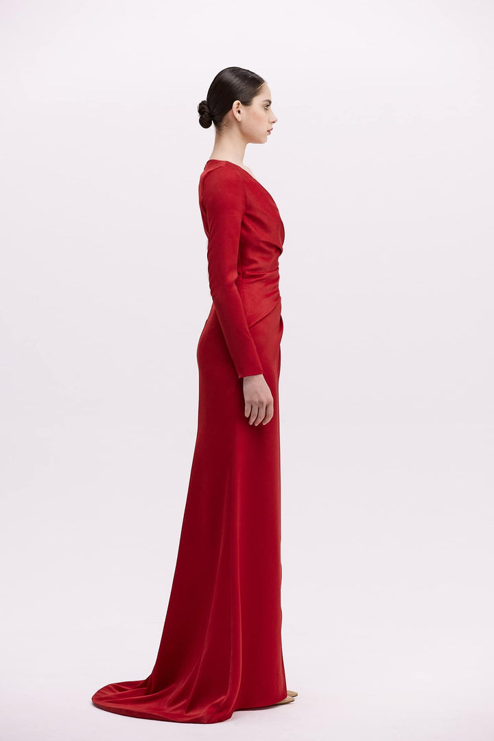 فستان ساتان ملفوف من الأمام مع لفة عند الخصر وفتحة جانبية – روبينا