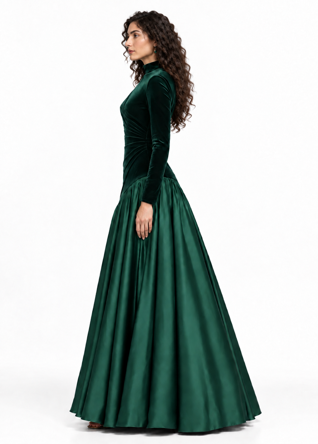 Velvet Draped Satin Maxi Dress - Emerald