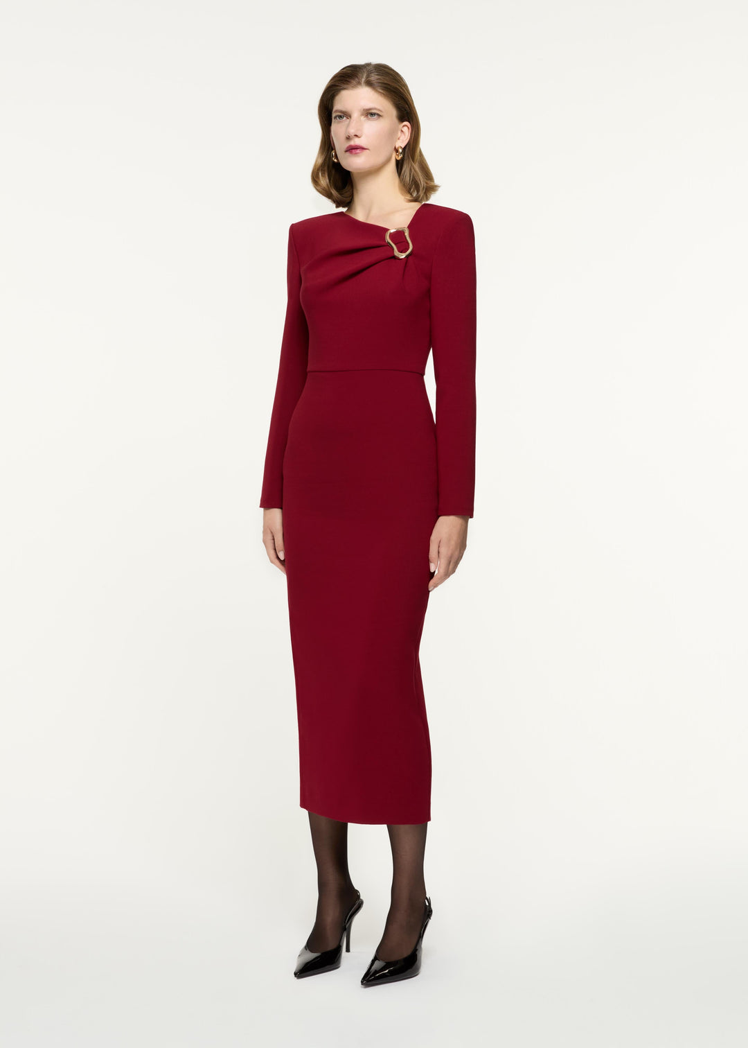 long-sleeve sheath dress with draped neckline detail – RUBINA