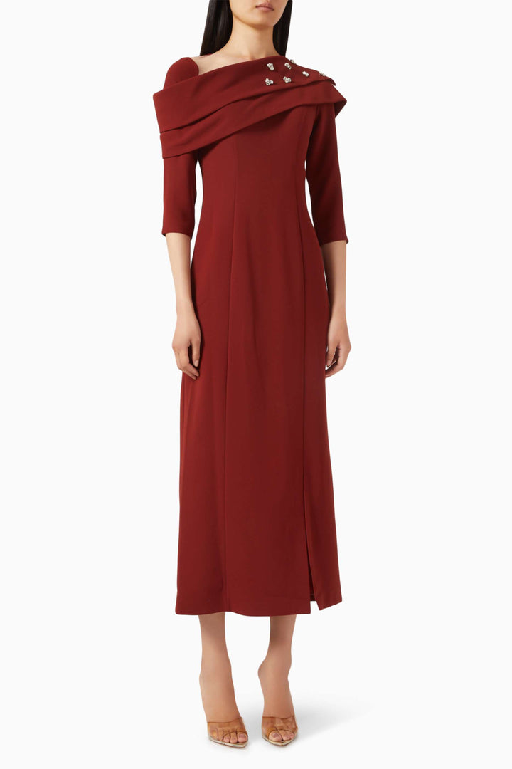 off-shoulder draped midi dress with embellishments – MARCELLA