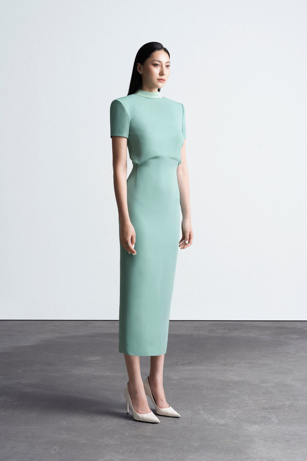 structured midi dress with high neckline – AURELIA