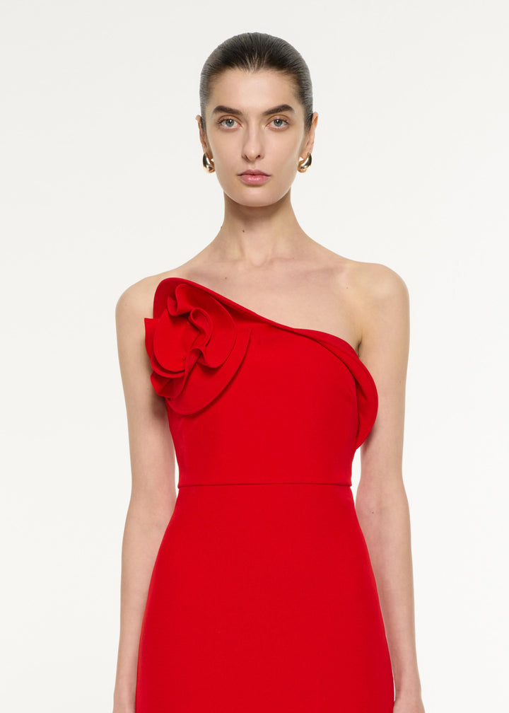 one-shoulder midi dress with sculpted rosette – ROSABELLE