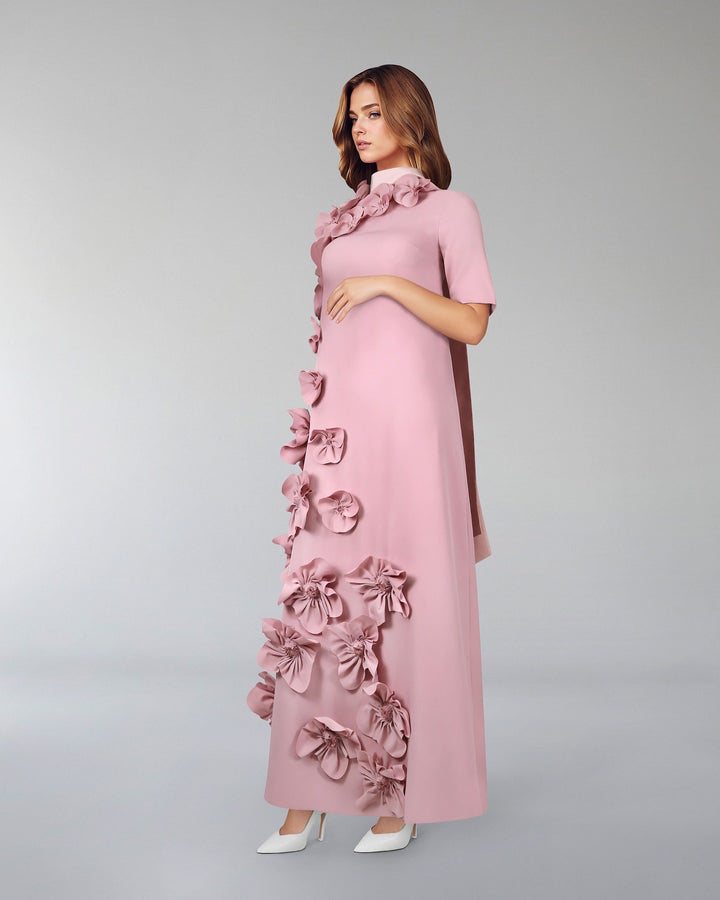 Flowered column dress with satin strips - ZOISH