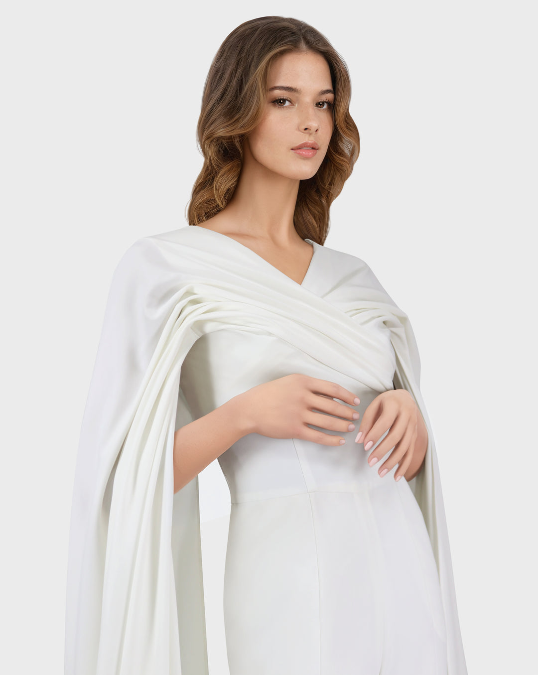 Draped jumpsuit with cape sleeve and V neckline-Bailasan