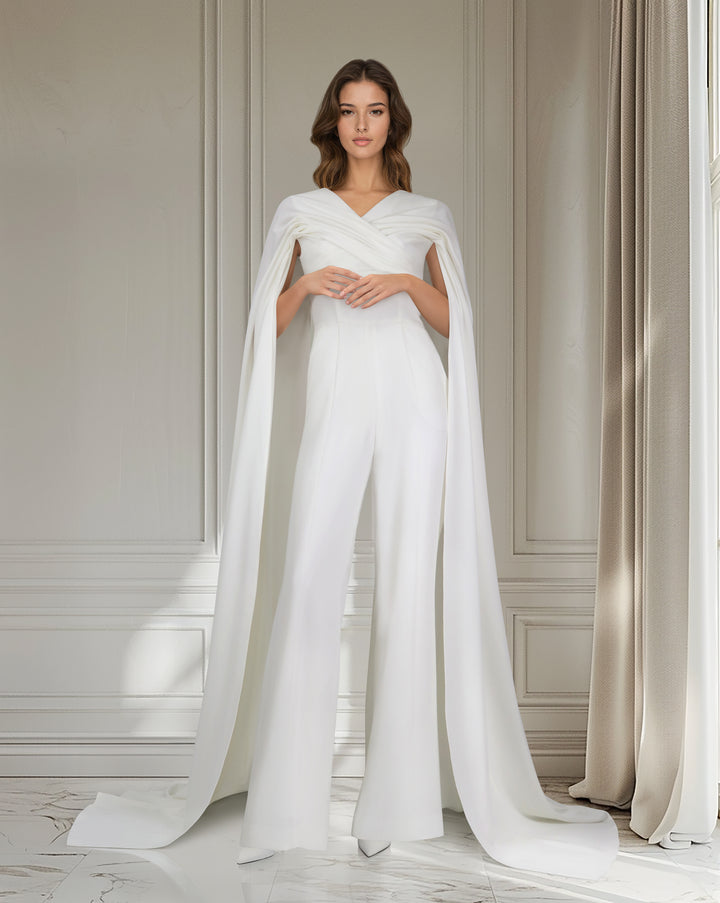 Draped jumpsuit with cape sleeve and V neckline-Bailasan