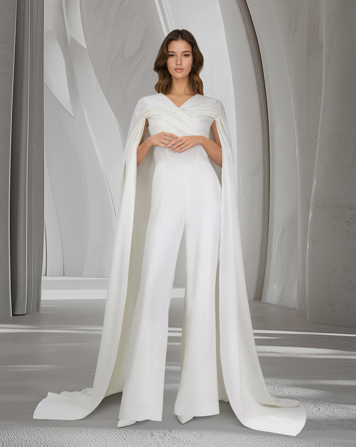 Draped jumpsuit with cape sleeve and V neckline-Bailasan