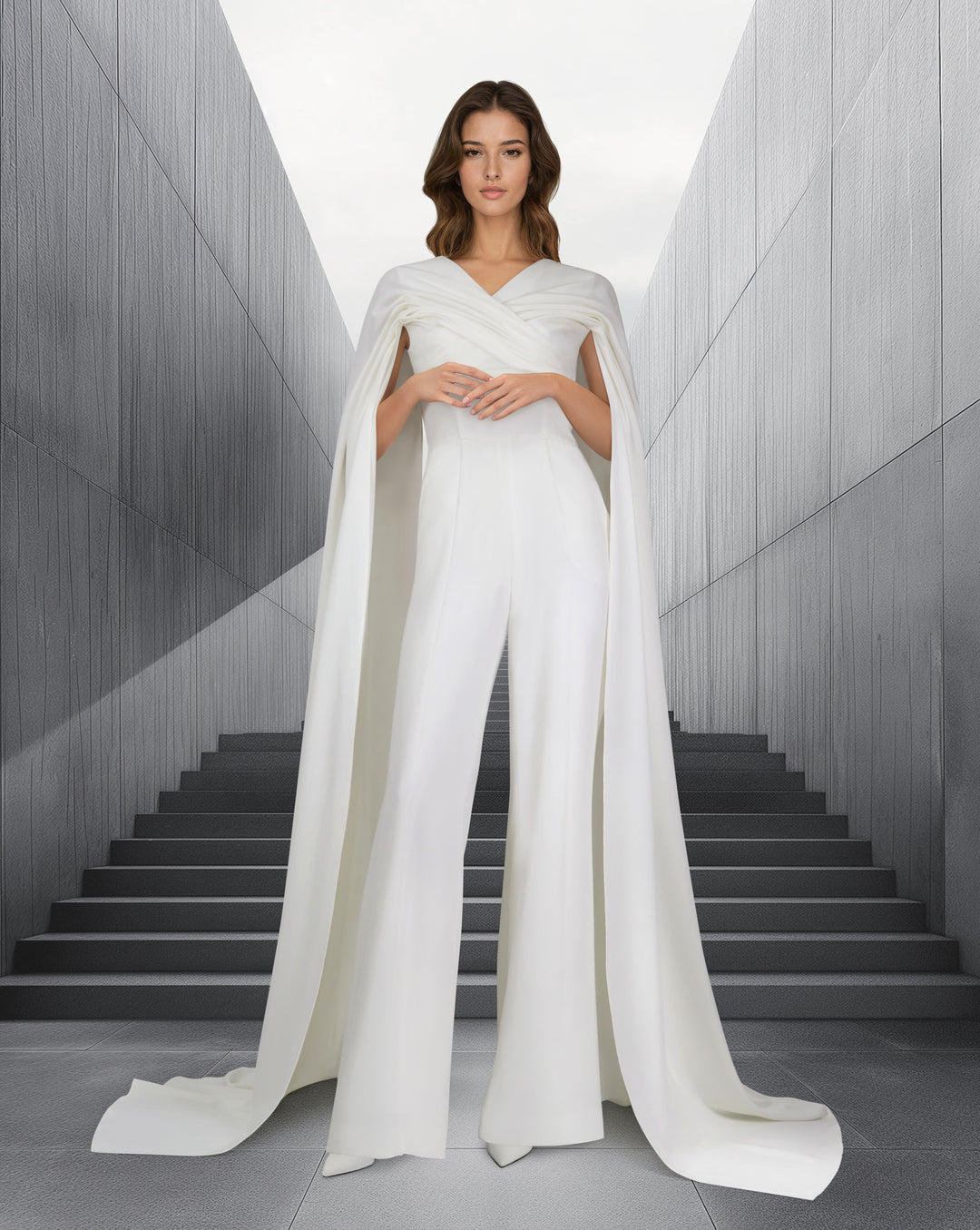 Draped jumpsuit with cape sleeve and V neckline-Bailasan