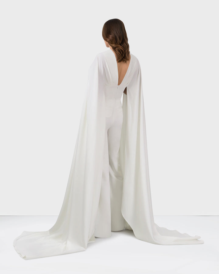 Draped jumpsuit with cape sleeve and V neckline-Bailasan