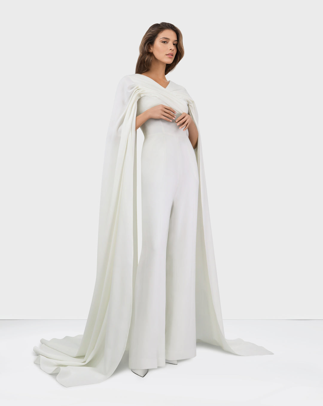 Draped jumpsuit with cape sleeve and V neckline-Bailasan