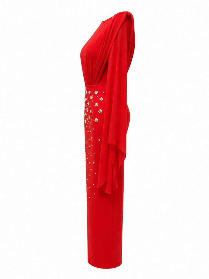 Pearl Embellished Cape Sleeve Midi Dress - Glam