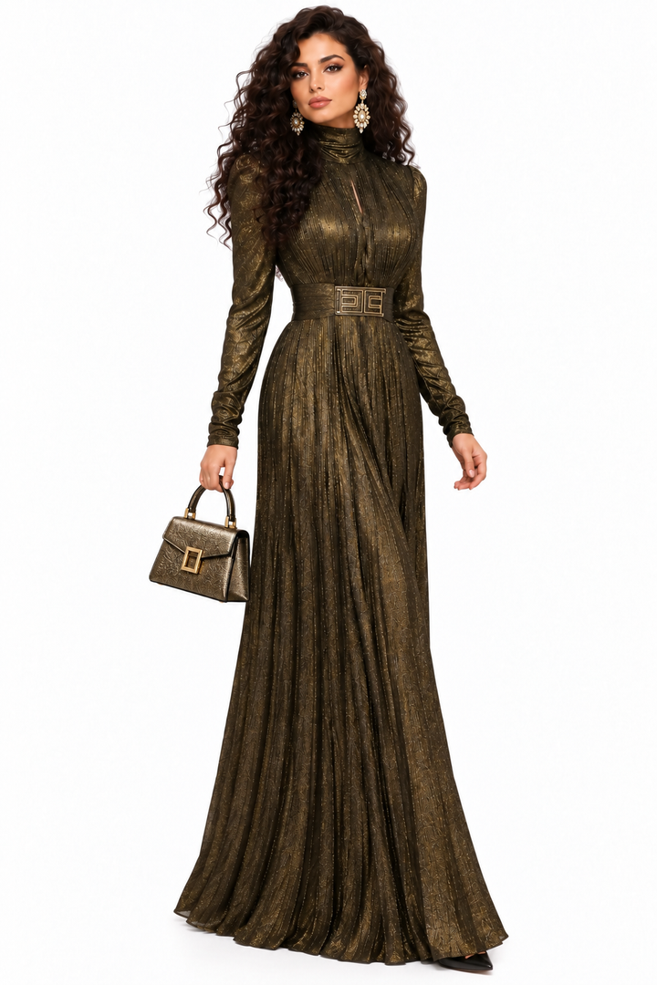 High-Neck Metallic Pleated Maxi Dress with Belt – OBSIDIAN