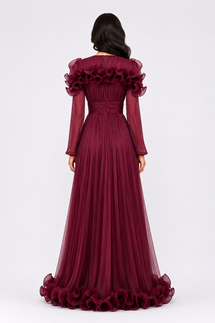 Ruffled Pleated Chiffon Maxi Dress - Midnight