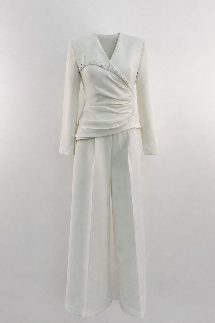 long sleeve wrap top with embellished neckline and wide-leg pants set – IVORIA